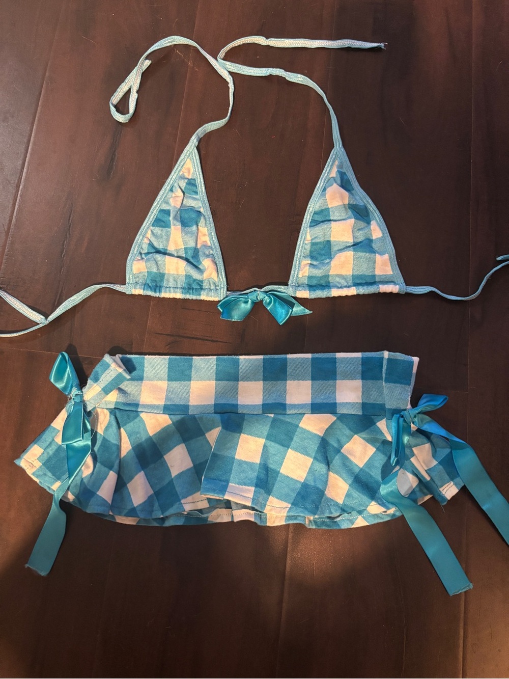 Vintage Y2K Blue White Gingham Two Piece Set Skirt & bikini top small coquette